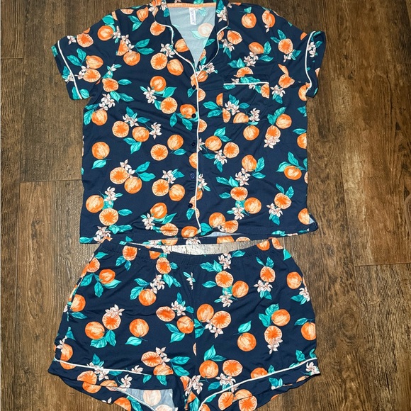 Women's Navy Pajama Set with Orange Print - Picture 1 of 4